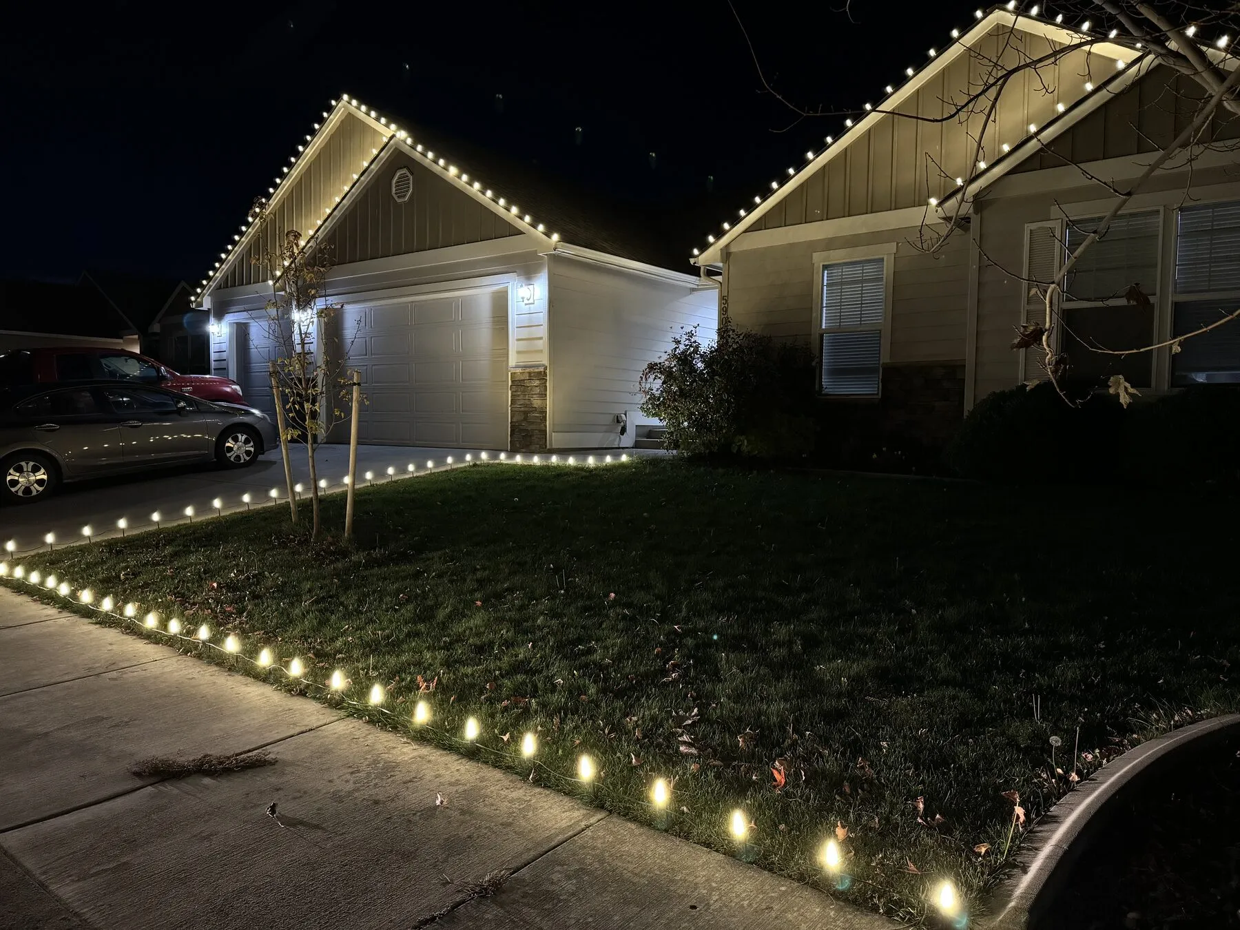 Warm white roofline and walkway lights